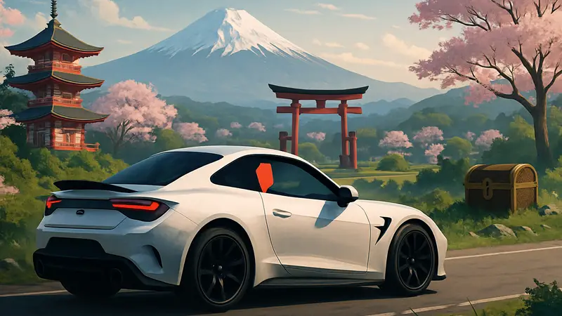 Автомобиль проезжает по японскому ландшафту в Forza Horizon 6, на фоне которого виден сундук с сокровищами.