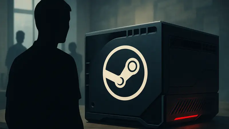 Логотип Steam Machine на фоне игрового компьютера, символизирующий обновление платформы Valve.