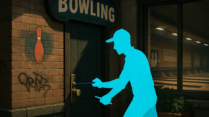 Игрок в Crime Scene Cleaner пытается открыть дверь в боулинг-центре.