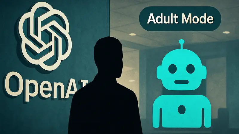 Логотип OpenAI и стилизованный чат-бот ChatGPT с пометкой "Adult Mode"