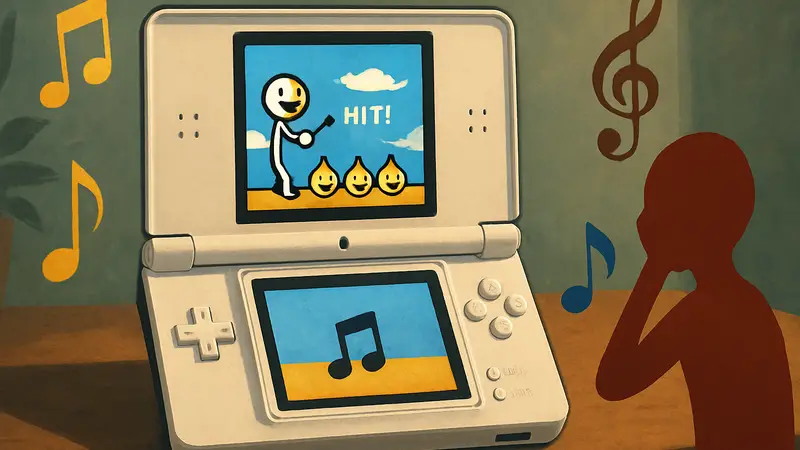 Игровой процесс Rhythm Heaven на экране Nintendo DS с характерными музыкальными символами