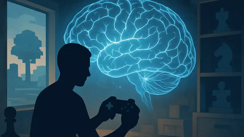 Изображение мозга с нейронными связями, символизирующее развитие через видеоигры. Полезные игры для развития.
