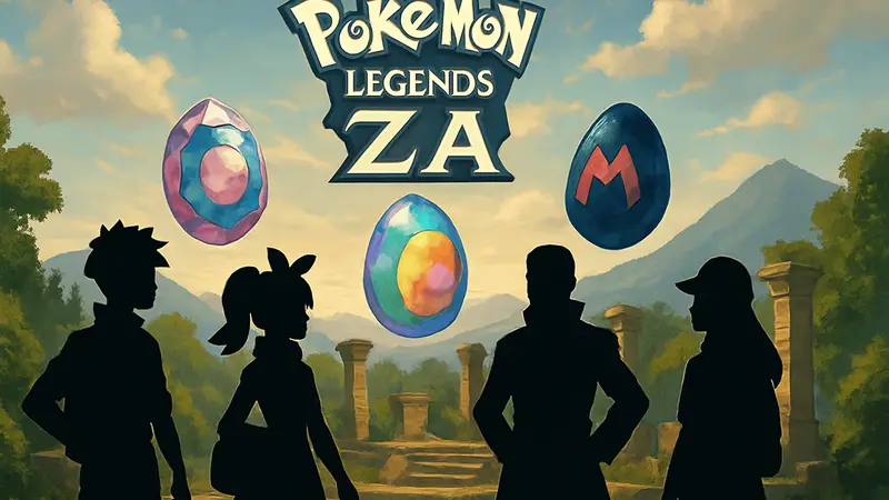 Логотип Pokemon Legends Z-A с изображением Чемпионов Покемонов и Мега-камней.