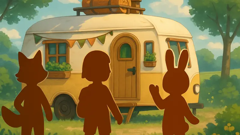 Персонажи из игры Cozy Caravan с милым дизайном на фоне каравана, символизирующего уютный симулятор жизни