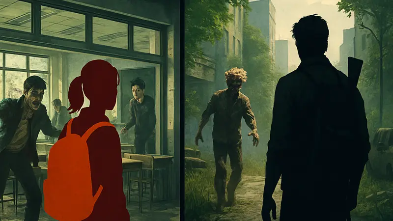 Кадры из сериалов All of Us Are Dead и The Last of Us, сравнивающие две зомби-драмы.
