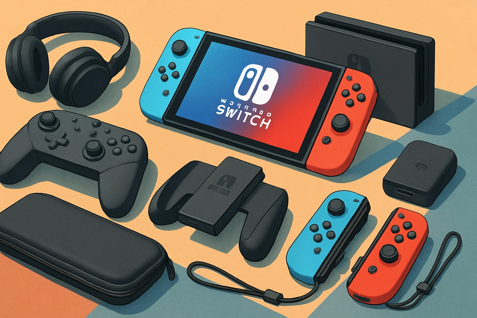 Различные контроллеры и аксессуары для игровой консоли Nintendo Switch 2, выложенные на столе, с логотипом Wired.