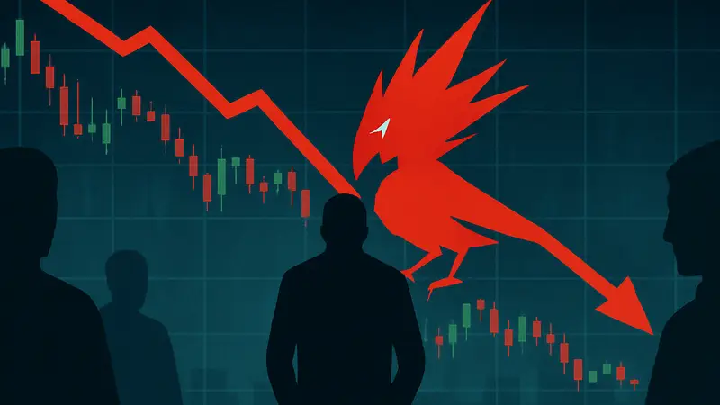 Логотип CD Projekt Red на фоне графика падающих акций, символизирующий снижение стоимости.
