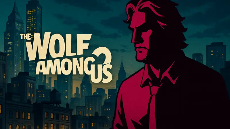 Логотип игры The Wolf Among Us 2 с изображением Бигби Волка на фоне города.