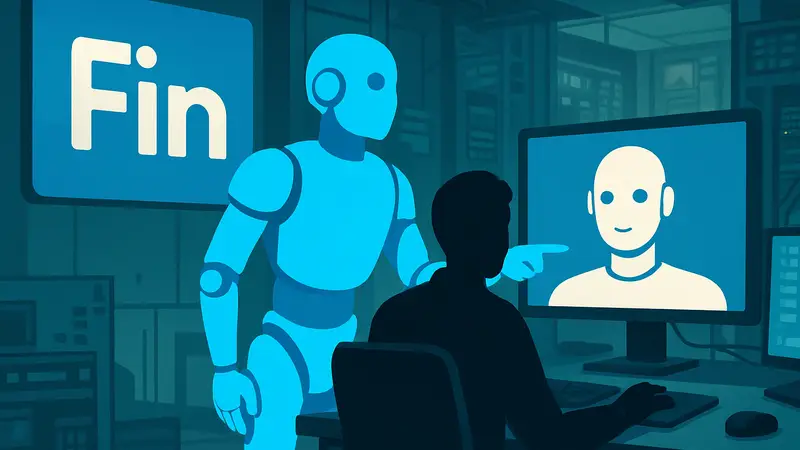 Логотип Fin (ранее Intercom) и концепт ИИ-агента, управляющего другим ИИ.