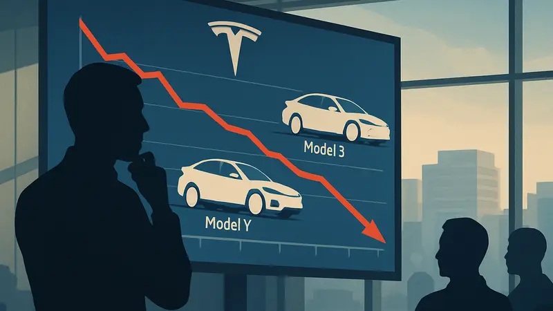 График падения продаж Tesla, демонстрирующий снижение поставок электромобилей Model 3 и Model Y за последний год.