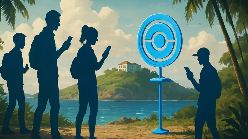 Игроки Pokémon Go собираются у покестопа на фоне тропического острова, вызвавшего скандал.