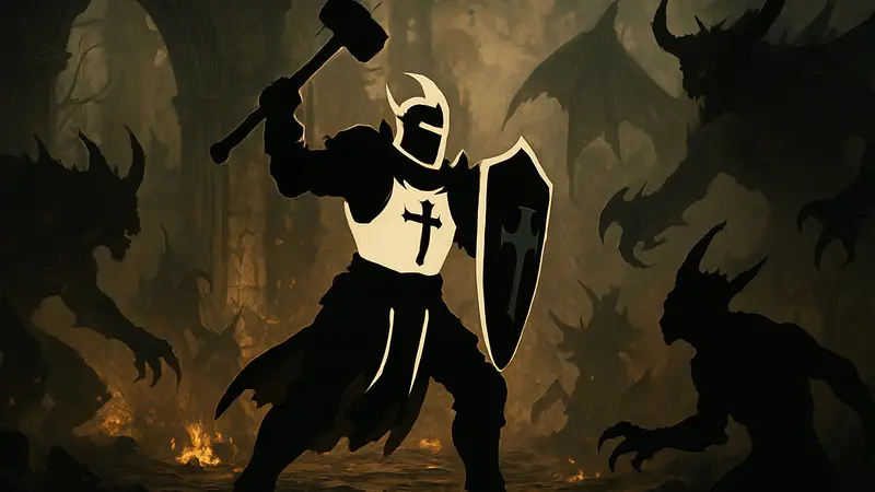 Паладин из Diablo 4 в полном доспехе, сражается с демонами, иллюстрация класса.