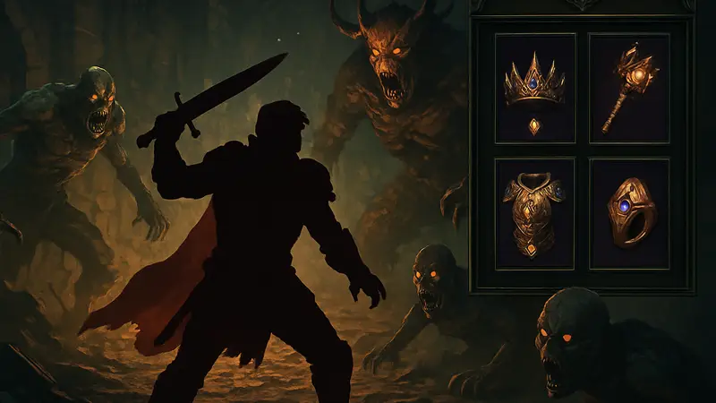 Герой Diablo 4 сражается с монстрами, на фоне интерфейс с мифическими предметами.