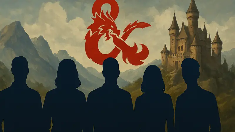 Актерский состав второго сезона шоу D&D Dungeon Masters на фоне логотипа Dungeons & Dragons