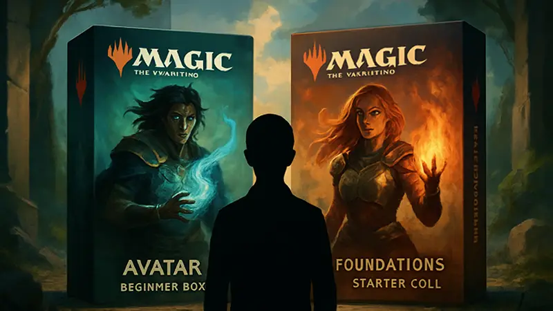 Изображения двух стартовых колод Magic: The Gathering, Avatar Beginner Box и Foundations Starter Collection