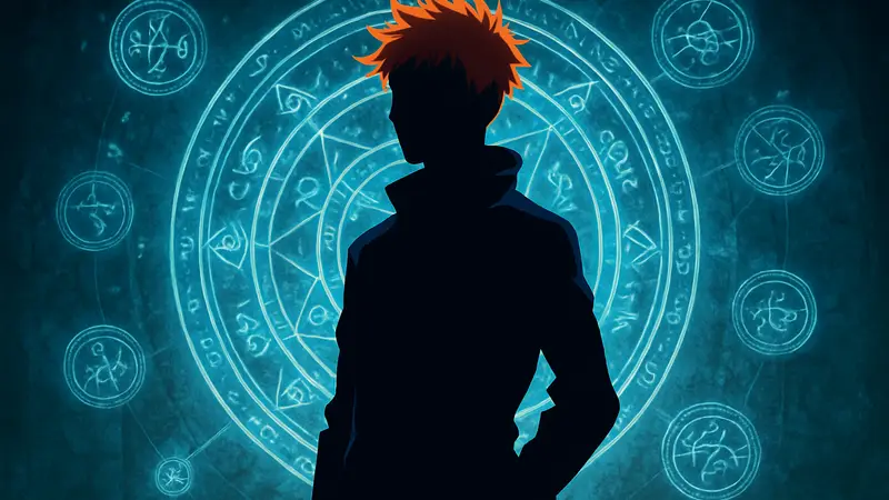 Изображение персонажа из Jujutsu Kaisen: Modulo, на фоне магических символов.