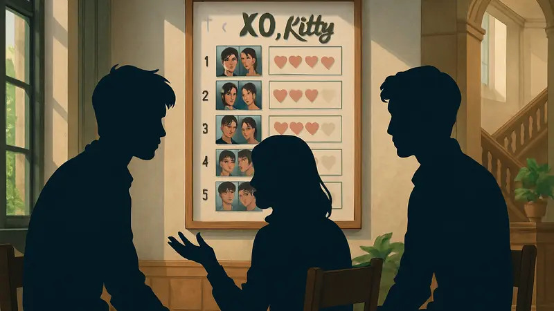 Кадр из сериала «XO, Kitty» с главными героями, обсуждающими отношения и рейтинг пар