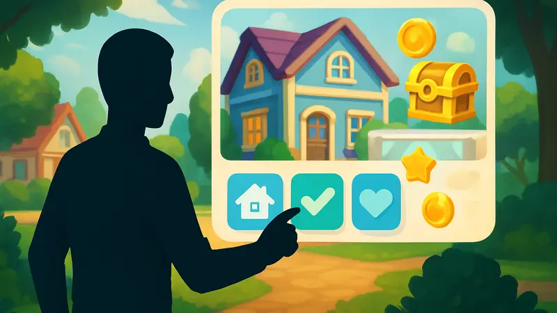 Игрок взаимодействует с интерфейсом оценки дома в Heartopia, выбирая опции и получая награды.
