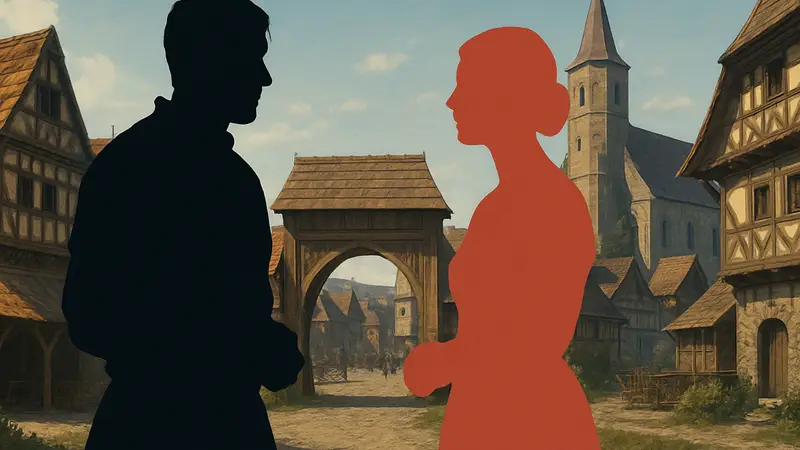 Генри, главный герой Kingdom Come: Deliverance 2, общается с Катериной на фоне средневекового города.