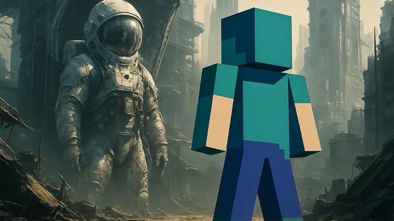 Модифицированный персонаж из игры Pragmata, возможно, в костюме Стива из Minecraft.