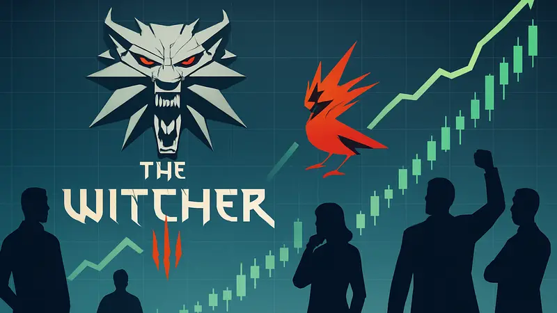 Логотип The Witcher 3 с символикой CD Projekt на фоне растущих графиков акций, иллюстрирующий успех.