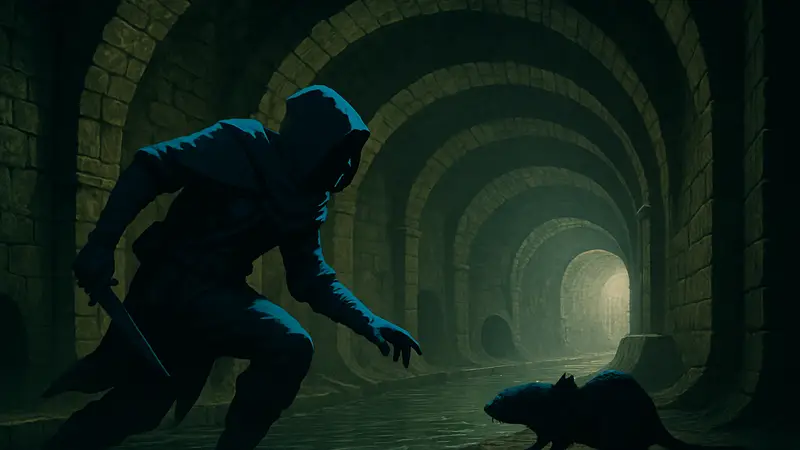 Главный герой Thief Гарретт, уменьшенный до размеров крысы, пробирается по канализации
