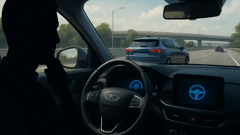 Изображение Ford с активной системой BlueCruise на дороге, водитель, возможно, отвлечен.
