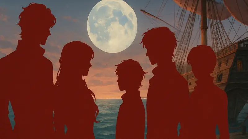 Заставка игры Crimson Waves on the Emerald Sea: Amaranthine Moon с главными персонажами