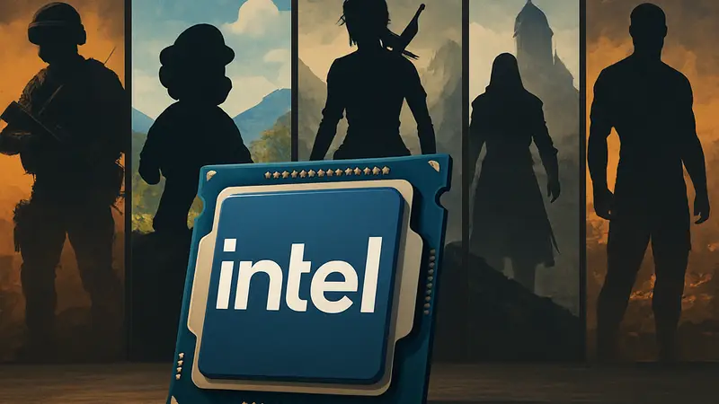Логотип Intel и изображения нескольких игровых обложек, символизирующих оптимизацию производительности.