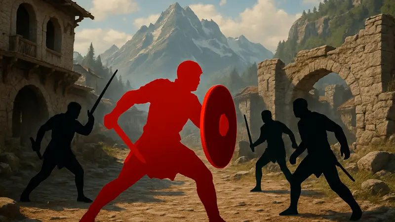 Игрок со щитом сражается с врагами в игре Crimson Desert, проходя испытание