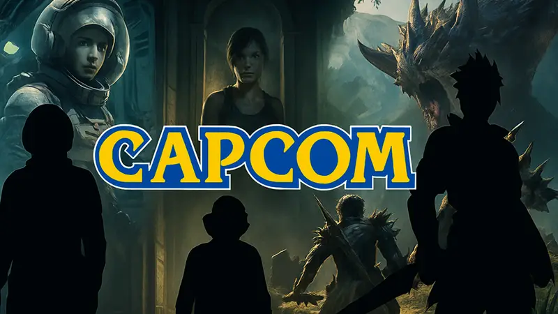 Логотип компании Capcom на фоне изображений из популярных игр Pragmata, Resident Evil, Monster Hunter.