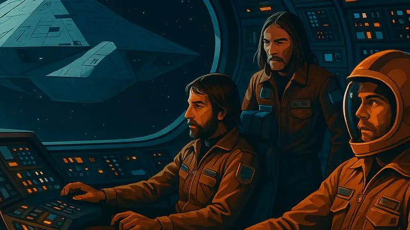Кадр из фильма "Dark Star" с футуристическим космическим кораблем и экипажем, демонстрирующий атмосферу ранней научной фантастики.