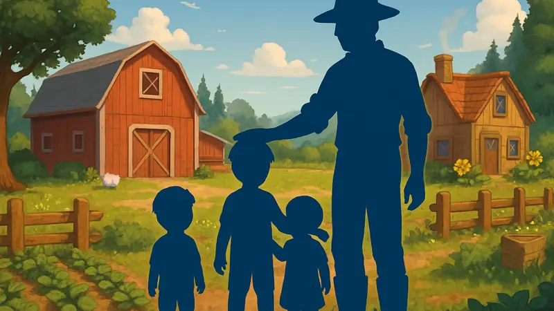 Фермер Stardew Valley с детьми на ферме, символизирующий расширение эндгейма в обновлении 1.7.