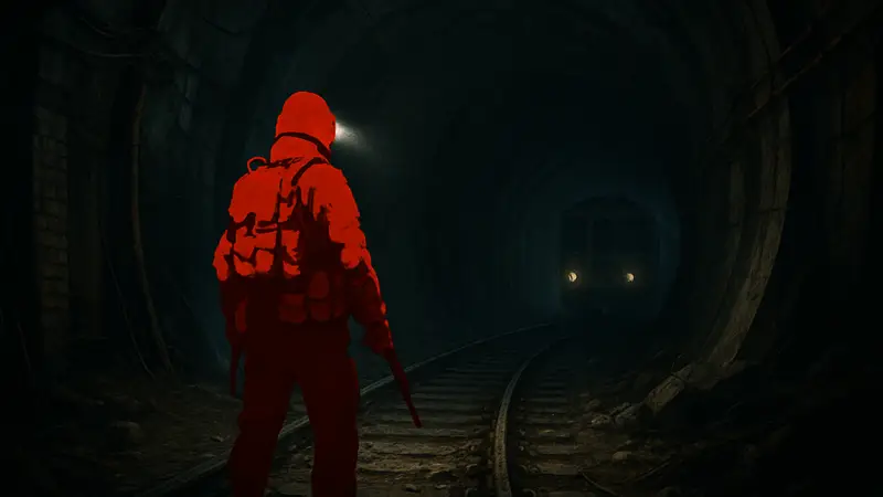 Скриншот из трейлера Metro 2039, показывающий главного героя в тёмном тоннеле московского метрополитена