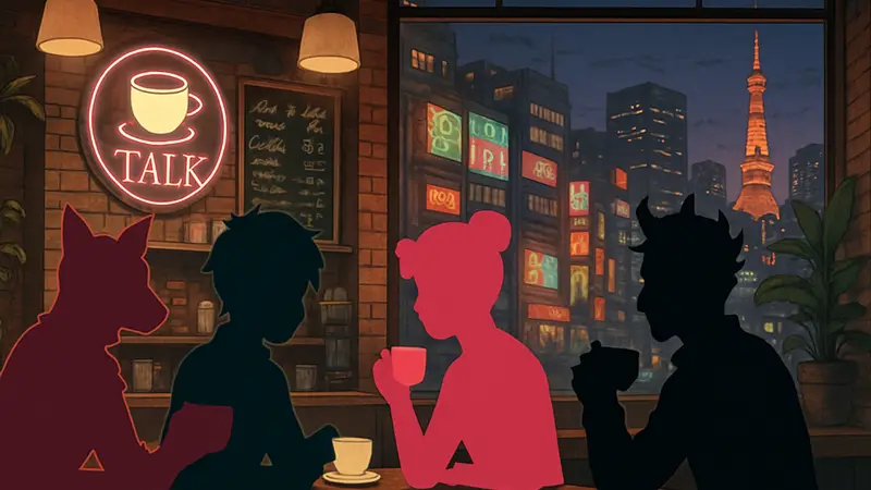 Персонажи из игры Coffee Talk Tokyo в кафе, за чашкой кофе