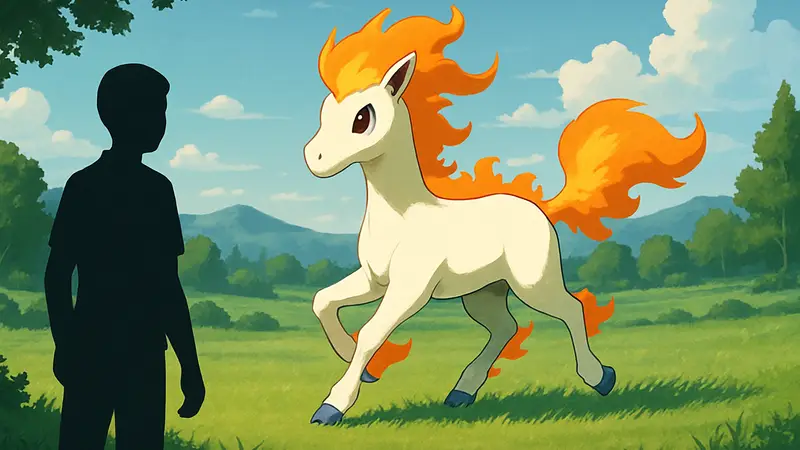 Понита, огненный покемон, скачет по зеленому полю в Pokemon FireRed & LeafGreen.