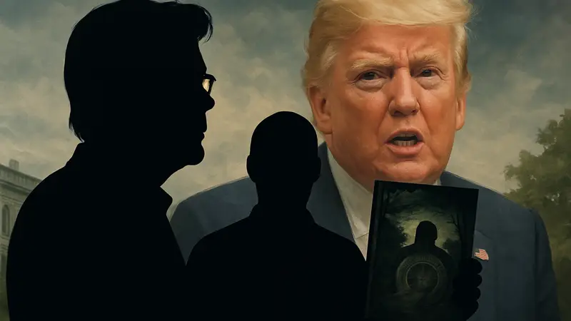 Стивен Кинг и обложка его книги 'Мёртвая зона' на фоне Дональда Трампа