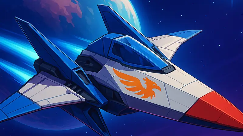 Космический корабль FUR Squadron Phoenix в стиле Star Fox пролетает на фоне планеты
