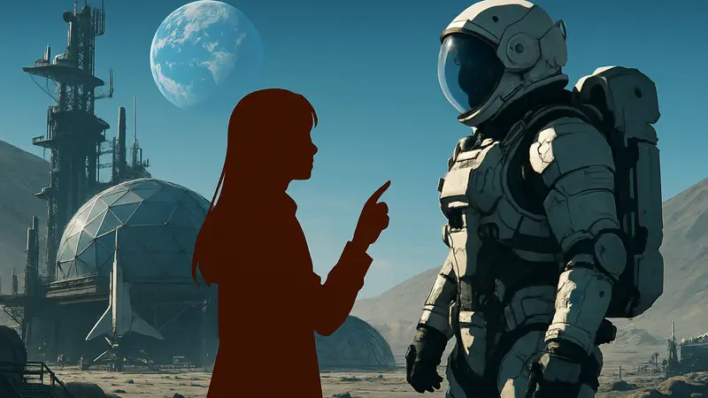 Скриншот из игры Pragmata, где персонажи стоят на футуристической лунной базе, обсуждают выбор озвучки.