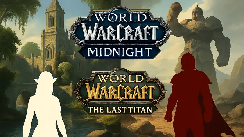 Логотипы World of Warcraft Midnight и The Last Titan на фоне старых зон.