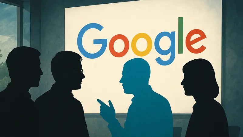Логотип Google и силуэты руководителей, символизирующие внутренние дискуссии об ИИ.