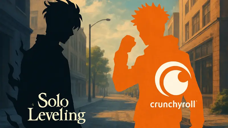 Главные герои аниме Solo Leveling и Jujutsu Kaisen, логотипы Crunchyroll.