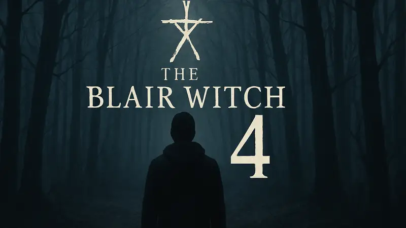 Логотип "Ведьма из Блэр 4" на фоне мрачного леса, анонс даты выхода фильма ужасов 2027 года.