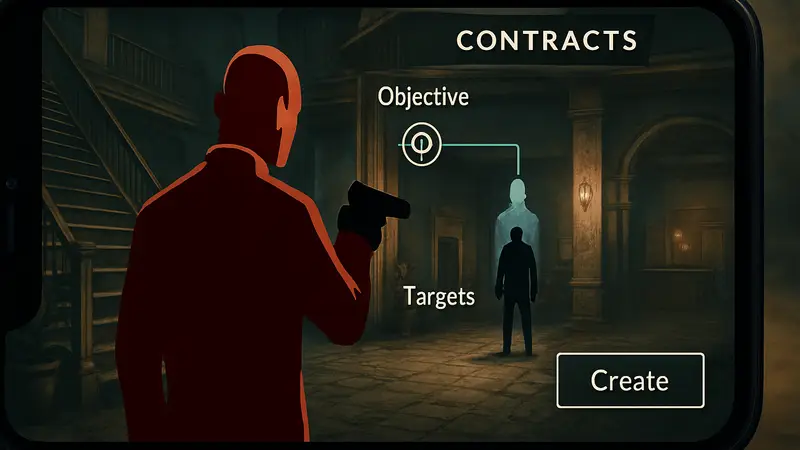 Скриншот мобильной игры Hitman: Absolution с интерфейсом режима «Контракты». Создание миссий.