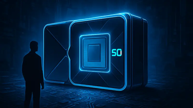 Графический процессор Nvidia RTX 50 Super Series, сияющий синим светом на тёмном фоне, символизирующий мощь и новые технологии.