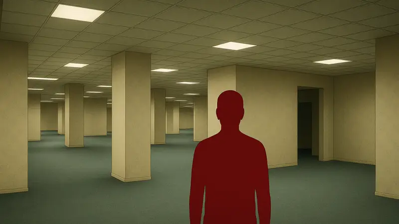 Кадр из тизера хоррора The Backrooms, показывающий лиминальные пространства.