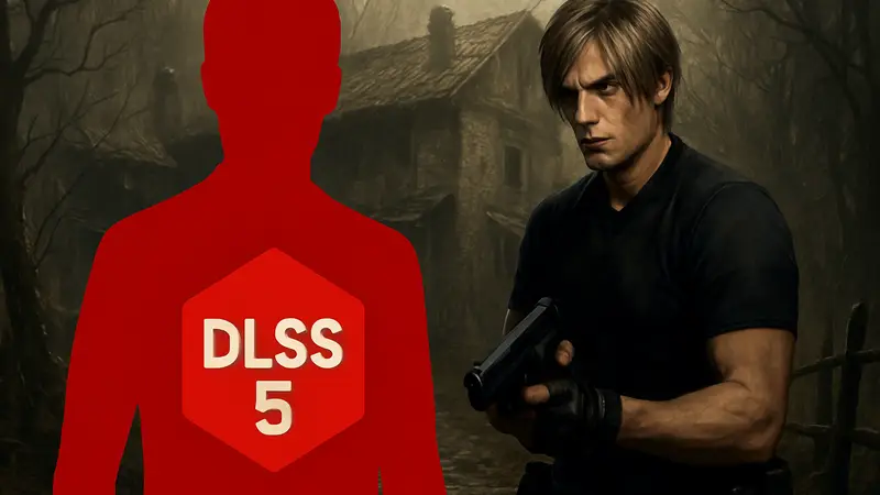 Мем с персонажем Resident Evil и логотипом DLSS 5, демонстрирующий ироничные улучшения графики.