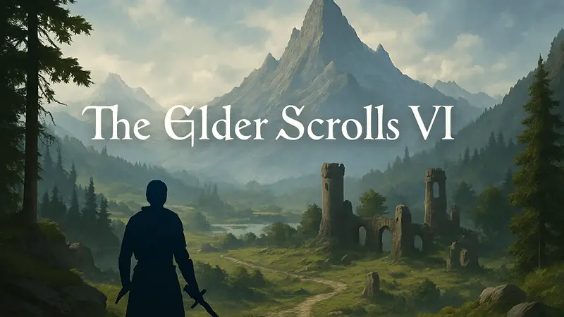 Логотип The Elder Scrolls 6 на фоне фэнтезийного пейзажа с туманом.
