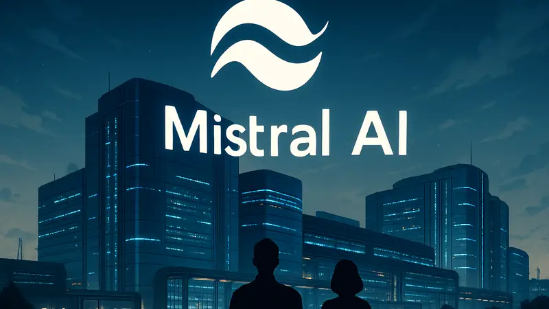 Логотип Mistral AI на фоне футуристического центра обработки данных, символизирующего инвестиции в ИИ-инфраструктуру.