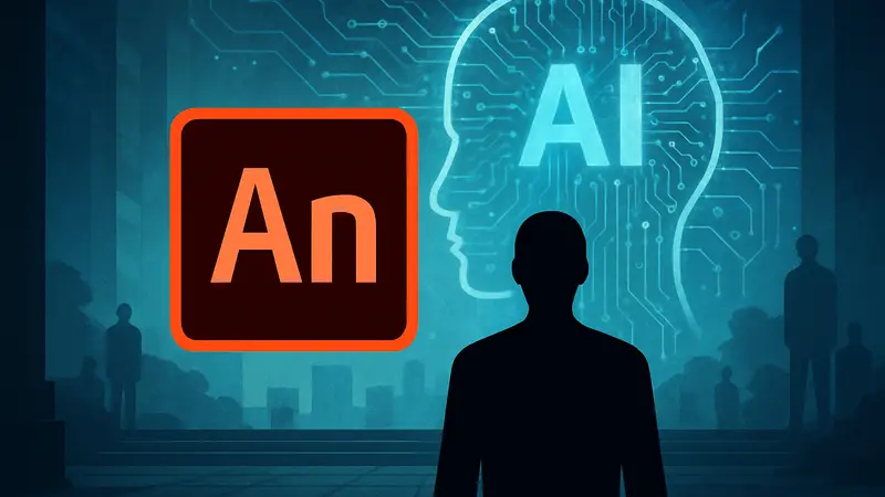Логотип Adobe Animate на фоне искусственного интеллекта, символизирующий изменения в компании.